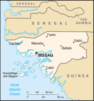 Pictured is a map of the African Republic of Guinea Bissau.